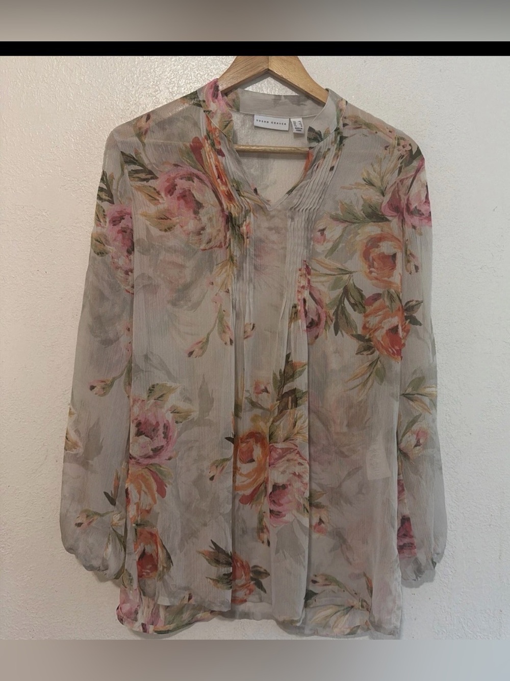 Susan graver Floral Sheer Chiffon Blouse Long Sleeve Lace Trim  XS